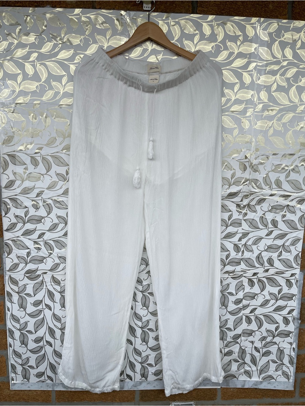 American Vintage White Gauze Beach Pants Lagenlook Tassel Drawstring L
